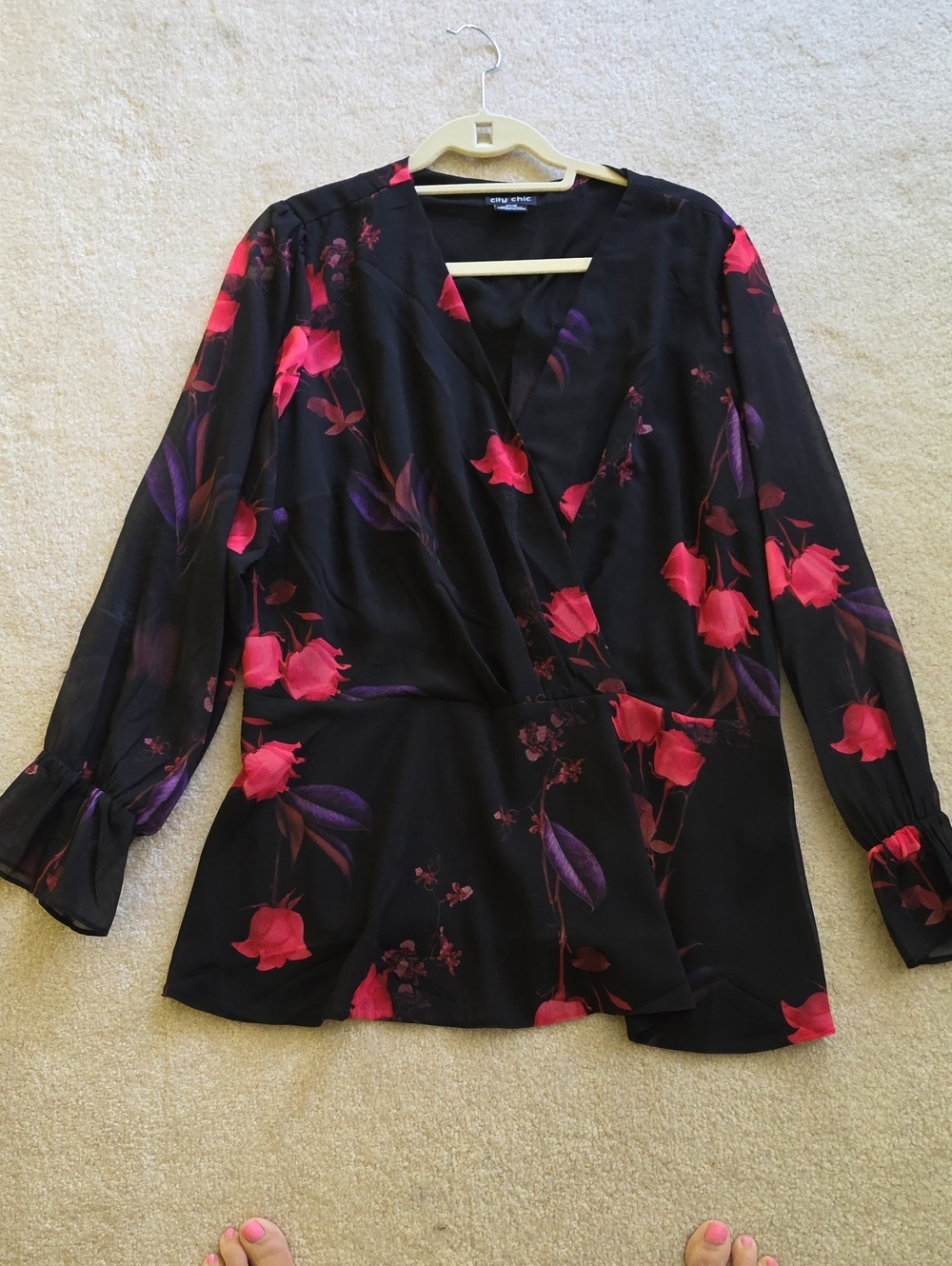City Chic Black Wrap Blouse with Pink and Purple Floral Print